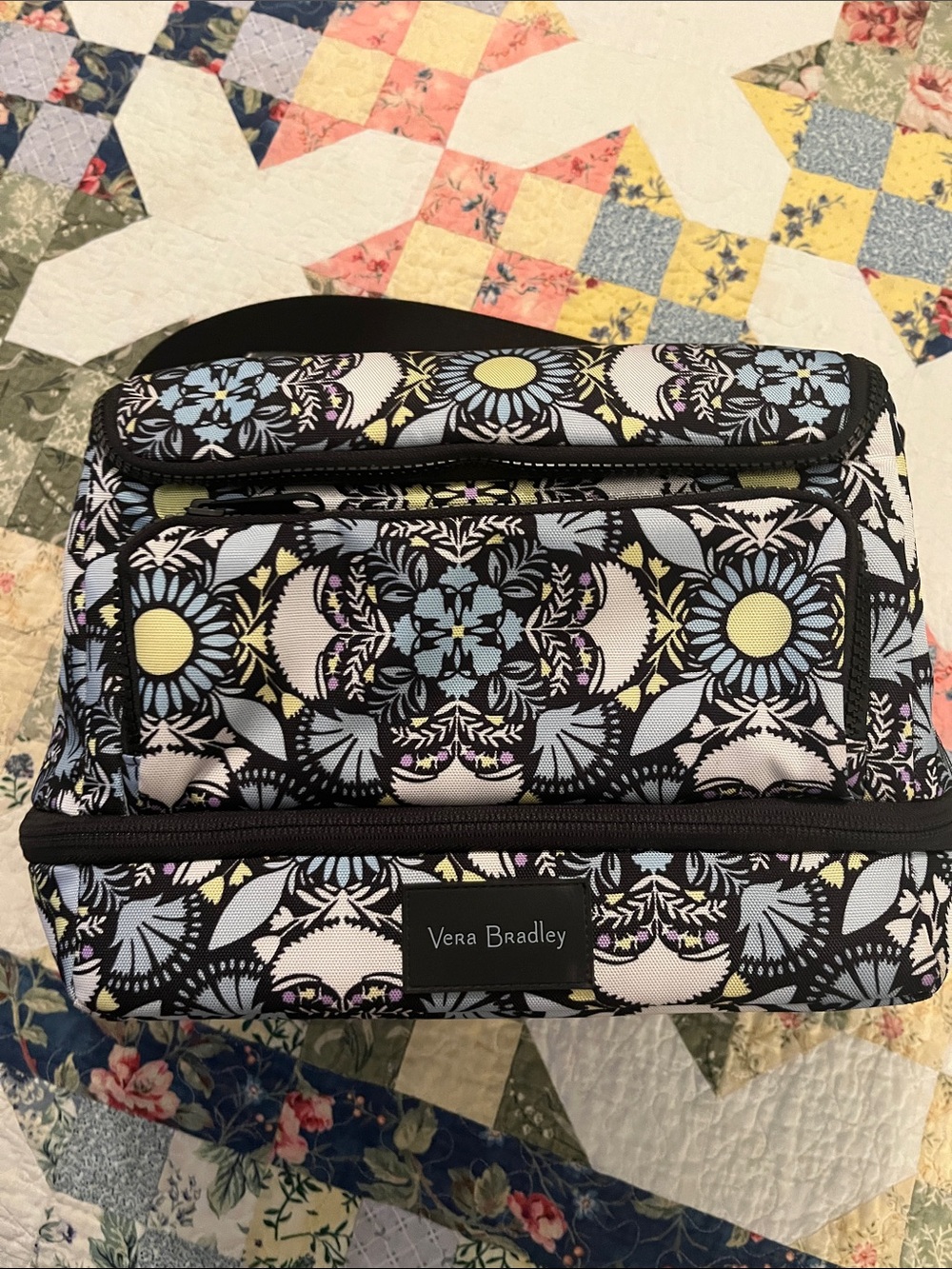 Vera Bradley Black Floral Insulated Lunch Tote-Black, Light Blue & Yellow